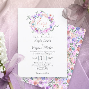 Lila, blau, rosa, pfirsichfarbene Rose Hochzeitskr Einladung