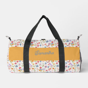 Lila Blau Rote Aquarell-Wildblumen-Monogramm Duffle Bag