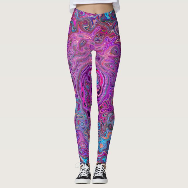 Lila, blau und rot Abstrakter Retrowirbel Leggings (Vorderseite)