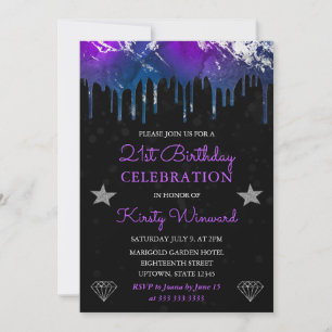 Lila, Blau und Silber Galaxy Murmel 21. Geburtstag Einladung