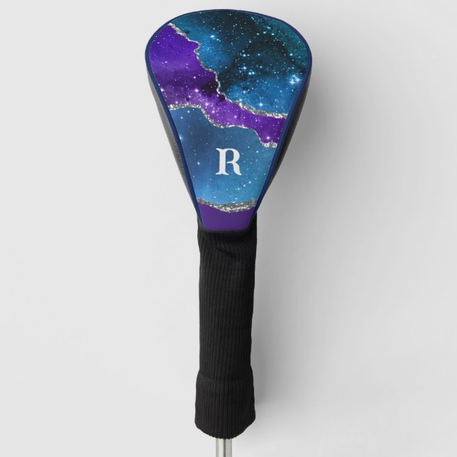Lila Blau und Silber Glitzer Mit Monogramm Golf Headcover (Vorderseite)