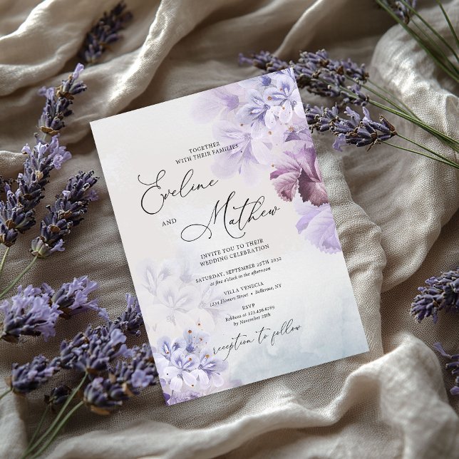 Lila-blaubraune Hochzeit mit Blumenzwiebeln Einladung (Dusty purple blue brown ivory floral wedding invitation)