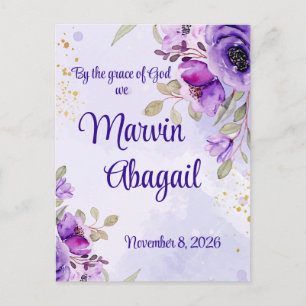 Lila Blaue Aquarell-Blumen-Hochzeitseinladung Postkarte