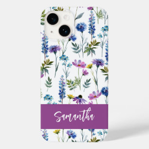 Lila Blaue Aquarell-Wildblumen-Name Case-Mate iPhone 14 Hülle