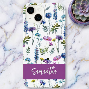 Lila Blaue Aquarell-Wildblumen-Name Case-Mate iPhone 14 Hülle