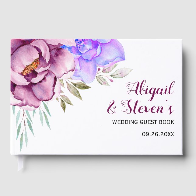 Lila, blaue Aquarellfarben-Blume Blumenhochzeit Gästebuch (Vorderseite)