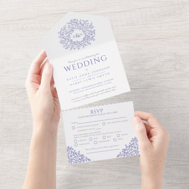 Lila blaue Blätter zum Hochzeitskennenlernen All In One Einladung (Abreißen)