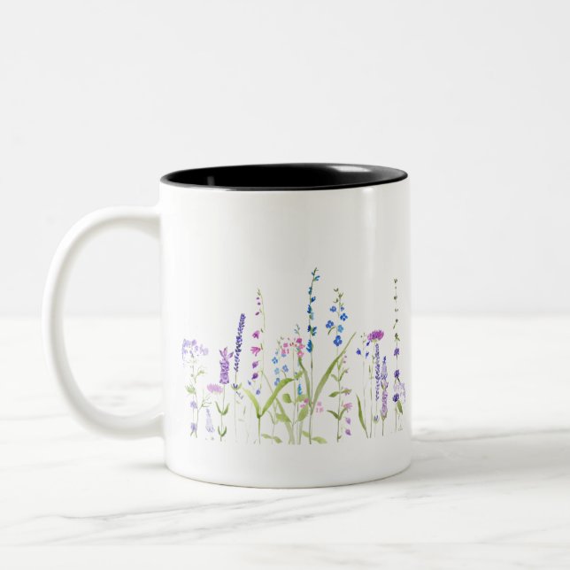 lila blaue Blume Aquarellmalerei Zweifarbige Tasse (Links)