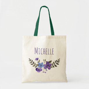 Lila blaue Blume mit Name Tragetasche