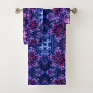 Lila blaue Blume Traum Abstrakte Fraktal Kunst Badhandtuch Set