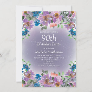 Lila blaue Blumen zum 90. Geburtstag für Frauen Einladung