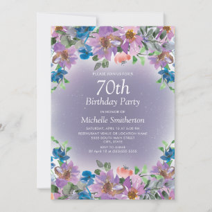 Lila blaue Blumenparty zum 70. Geburtstag für Frau Einladung