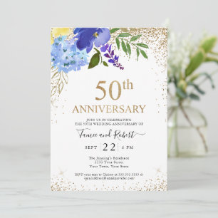 Lila Blaue Florale Goldene 50. Hochzeitstag-Feier Einladung