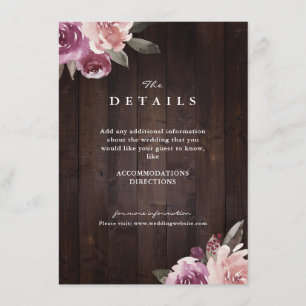 Lila-blaue florale rustikale Holz-Hochzeitsdetails Begleitkarte