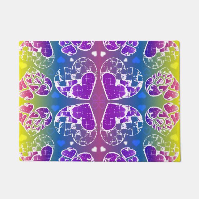 Lila, blaue, gelbe Herzmuster Fußmatte (Vorderseite)