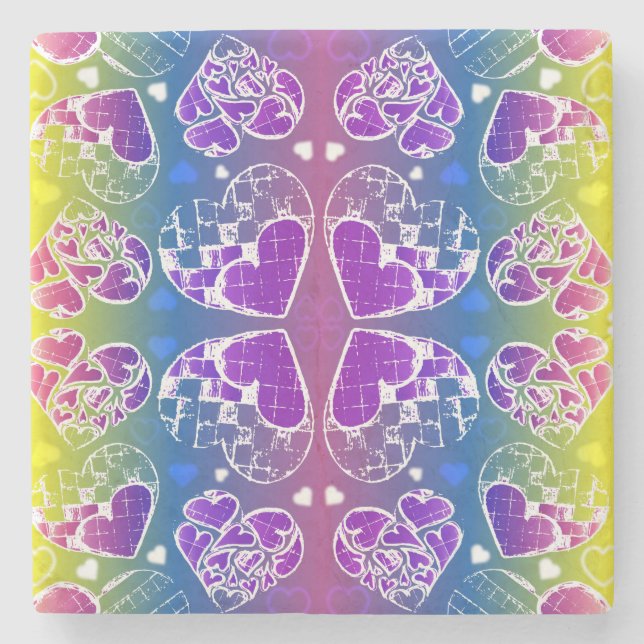 Lila, blaue, gelbe Herzmuster Steinuntersetzer (Vorderseite)