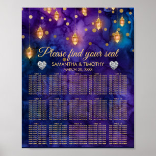 Lila blaue Laternen & Bokeh Hochzeits-Sitzordnung Poster
