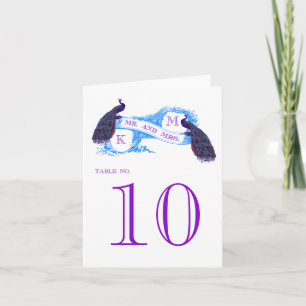 Lila, Blaue Pfauen-Vintage-Hochzeitstischkarte Feiertagskarte