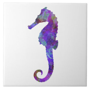 Lila Blaue Seepferdchen Wasserfarbe Silhouette Vin Fliese