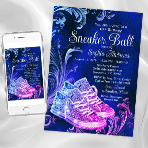 Lila blaue Sneaker-Ball-Geburtstagsfeier Einladung