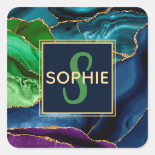 Lila, blaue und grüne Imitate Gold Glitzer Agate Quadratischer Aufkleber