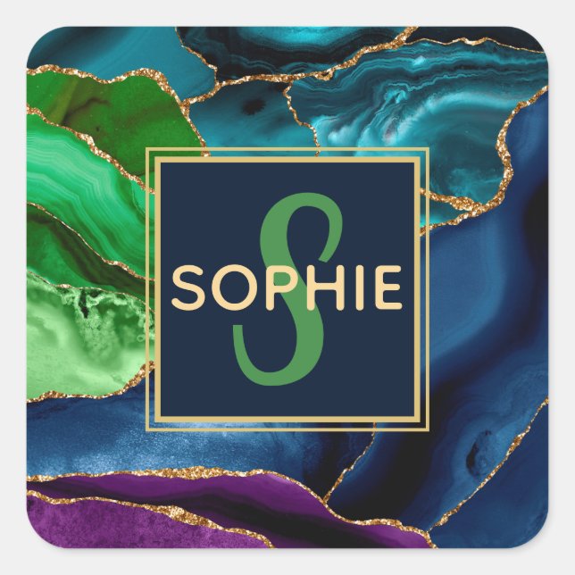 Lila, blaue und grüne Imitate Gold Glitzer Agate Quadratischer Aufkleber (Vorderseite)