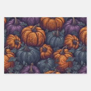 Lila, blaue und orangefarbene Pumpkins Geschenkpapier Set