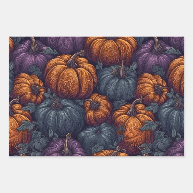 Lila, blaue und orangefarbene Pumpkins Geschenkpapier Set (Vorderseite)