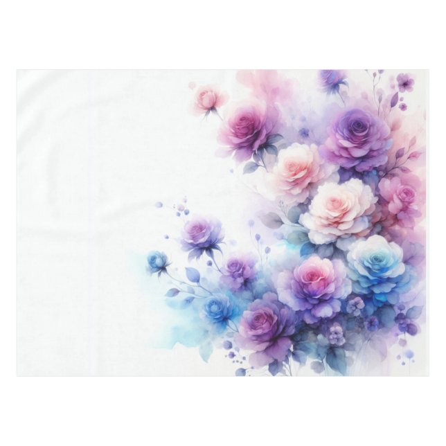 Lila, blaue und rosa Aquarellfarben-Rose Tischdecke (Vorderseite (Horizontal))