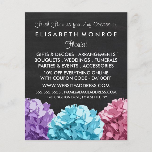 Lila, blaue und rosa Hydrangea-Skateboard Floristi Flyer (Vorne)