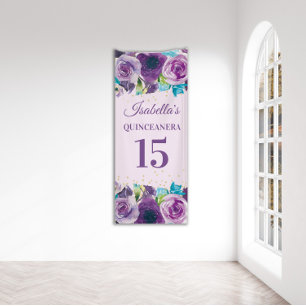 Lila Blaue Wasserfarbe Florale Quinceañera Banner