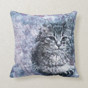 Lila Blaue Wasserfarbenkatze Kissen