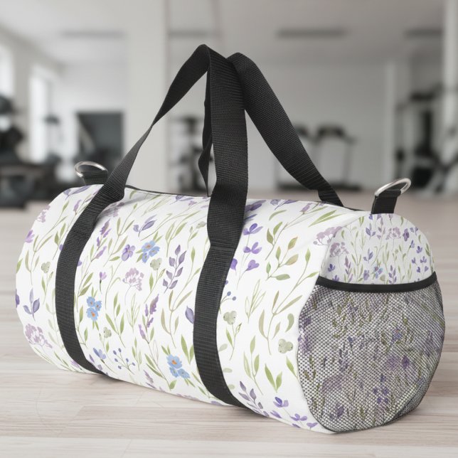 Lila Blaue Wildblume Duffle Bag (elegant pretty purple blue wildflower floral pattern duffel bag)