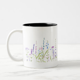 lila blaue Wildblumen Aquarellmalerei Zweifarbige Tasse