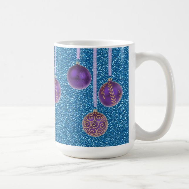 Lila blauer Glitzer Frohe Weihnachtsbaubles Tasse (Rechts)