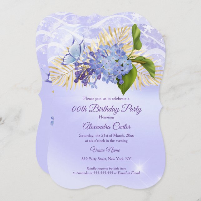 Lila Blauer Hübscher Schmetterling Geburtstagspart Einladung (Vorne/Hinten)