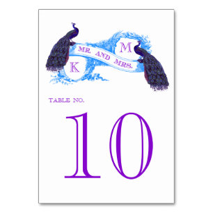Lila, blauer Pfau-Vintage Hochzeit Tischnummer