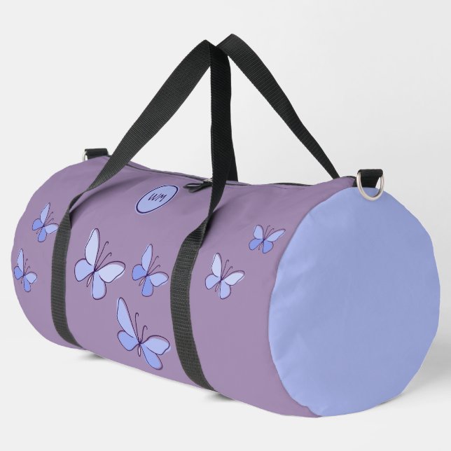 Lila Blauer Schmetterling Kaleidoskop Violet groß Duffle Bag (Linke Ecke)
