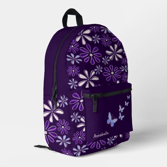 Lila blaues Blume Doodle-Muster Bedruckter Rucksack (Rückseitige Ecke links)