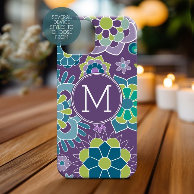 Lila blaues Blumenmuster Benutzerdefiniertes Monog Case-Mate iPhone Hülle (Personalized Phone Case with Monogram)