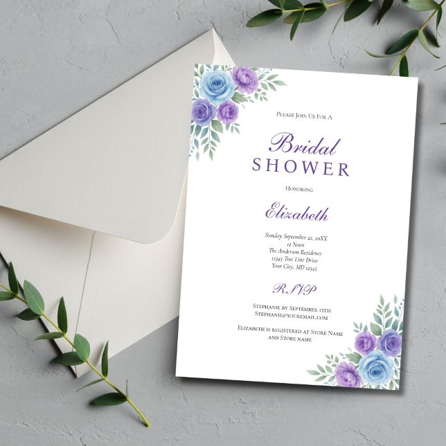 Lila blaues Floral-Brautparty Einladung (Purple blue watercolor floral bridal shower invitation. Couples Wedding Shower)