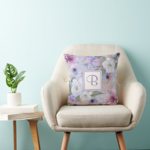 Lila-blaues Monogramm Blumen-Wasserfarbe Vintage Kissen