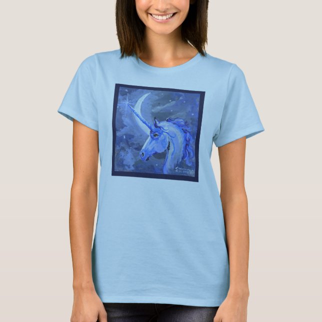 Lila blaues Pferd Unicorns-Mond-Mondpegasus T-Shirt (Vorderseite)