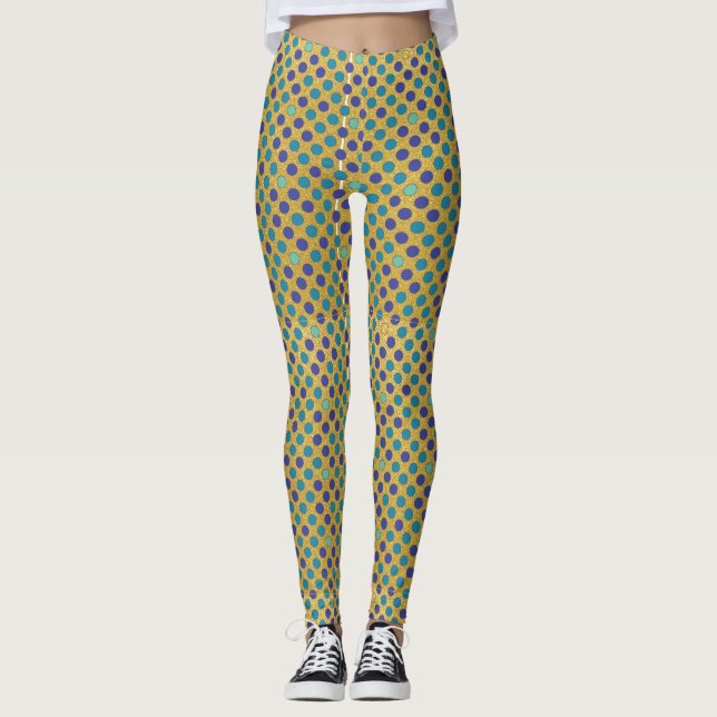 Lila blaues Polka-Punktmuster auf vergoldetem Glas Leggings (Vorderseite)