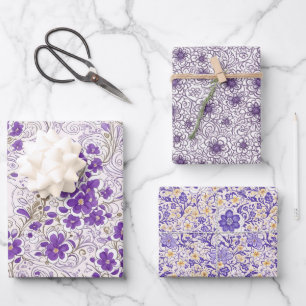 Lila blaugraues Flora Modern Art Wrapping Paper Geschenkpapier Set