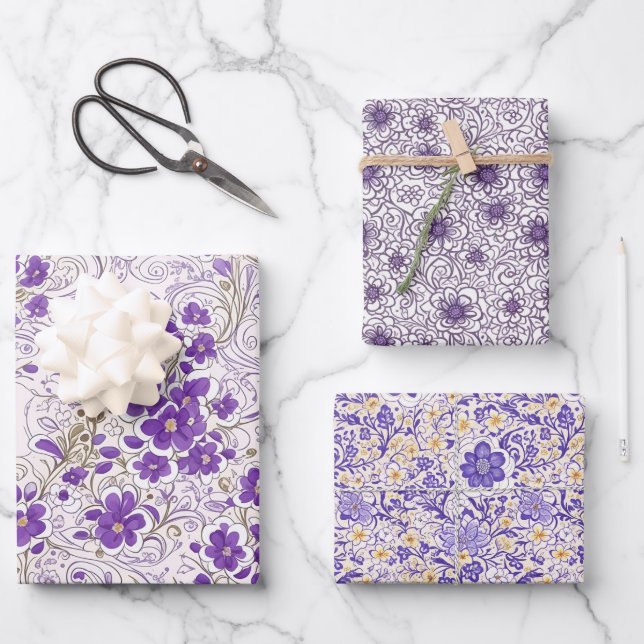Lila blaugraues Flora Modern Art Wrapping Paper Geschenkpapier Set (Vorderseite)