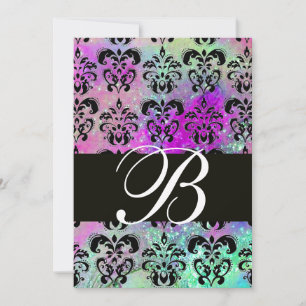 LILA BLAUGRÜN AQUA BLAU SCHWARZ DAMAST MONOGRAMM EINLADUNG