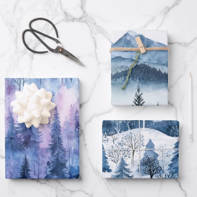 Lila Blauschneewinterbäume Geschenkpapier Set (Vorderseite)