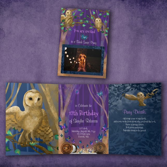 Lila, Blauwald, Eulen, Schmetterlinge zum Geburtst Dreifach Gefaltete Einladung (purple blue owls butterflies magical forest birthday trifold invitation 12th book swap party)