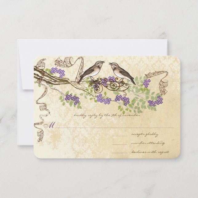 Lila Blooms Green Leaf Vintag Bird Wedding RSVP (Vorderseite)